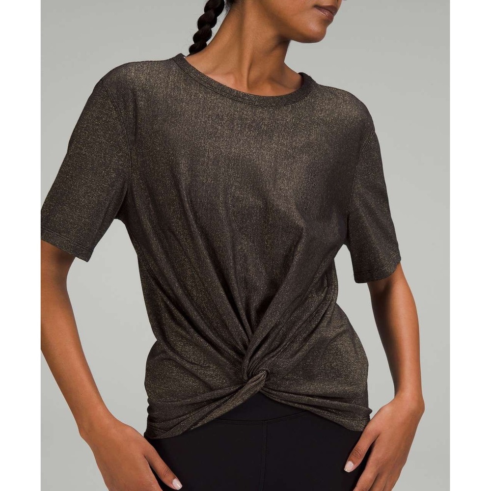 Lululemon Crescent Spark Tee Metallic Gold Black Twist Short Sleeve Top MEDIUM